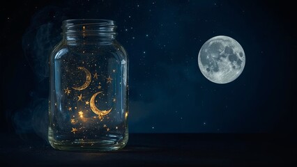 Moon and stars in a glass jar, fulfillment of lunar wishes, night background	