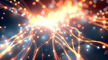 Fototapeta premium A vivid abstract image depicting bright, glowing lines and particles, creating a dynamic and energetic light display on a dark background.