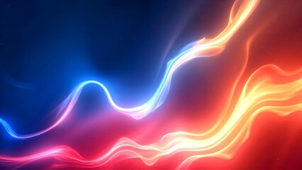 Abstract image featuring flowing neon light waves in red, orange, blue, and purple hues on a dark background.