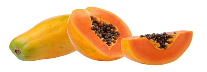 Fresh papaya fruit whole half and slice for healthy eating and tropical food diet concept image one hundred