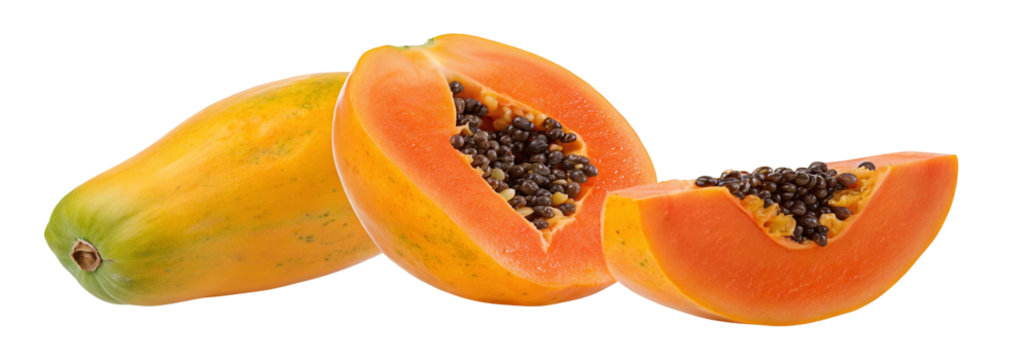 Fresh papaya fruit whole half and slice for healthy eating and tropical food diet concept image one hundred