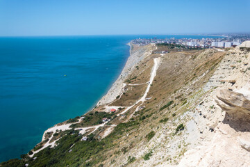 A stunning panoramic view of the seascape of the Black Sea, the Anapa Bay, the foot of the Caucasus...