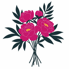 Vivid Pink Peonies and Dark Green Leaves in a Floral Bouquet Illustration