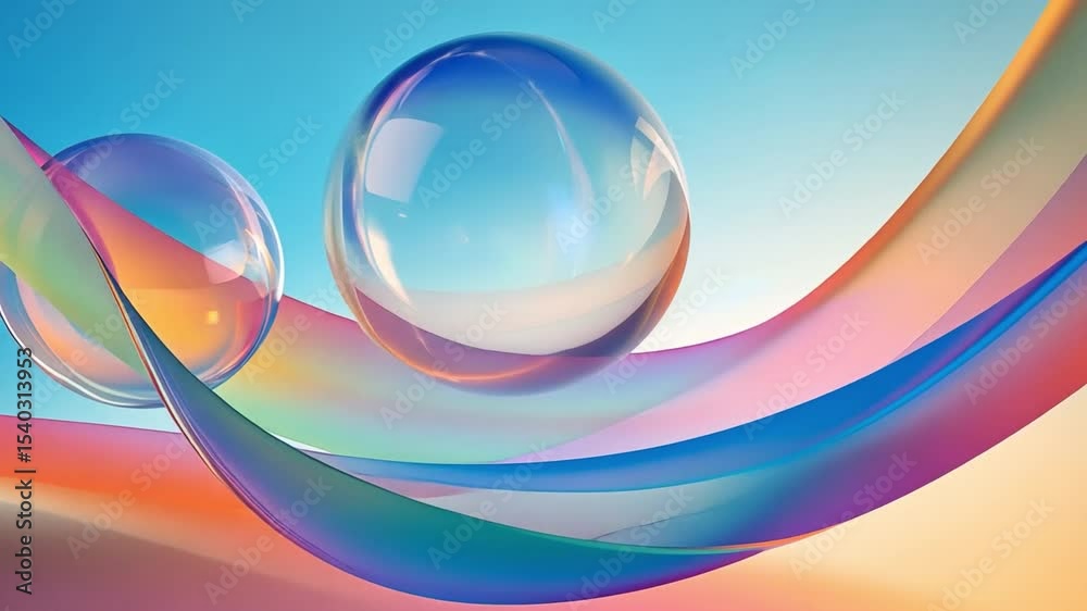 Poster abstract glass spheres: two translucent glass spheres rest on flowing, iridescent ribbons of color, 