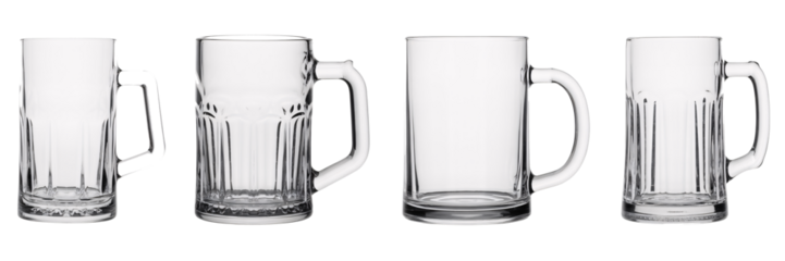 Crystal Clear Beer Mugs Set Photography showcasing different angles of empty glass beer mugs with handles perfect for pubs restaurants and brewery advertisements