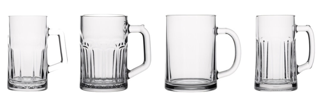 Crystal Clear Beer Mugs Set Photography showcasing different angles of empty glass beer mugs with handles perfect for pubs restaurants and brewery advertisements