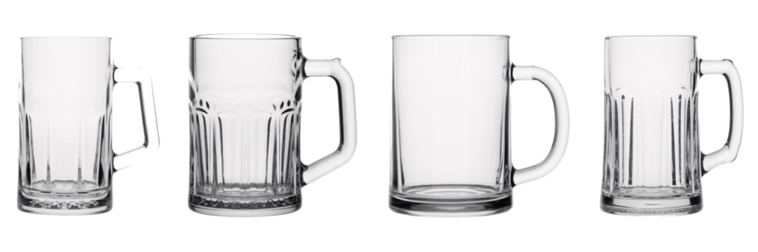 Crystal Clear Beer Mugs Set Photography showcasing different angles of empty glass beer mugs with handles perfect for pubs restaurants and brewery advertisements