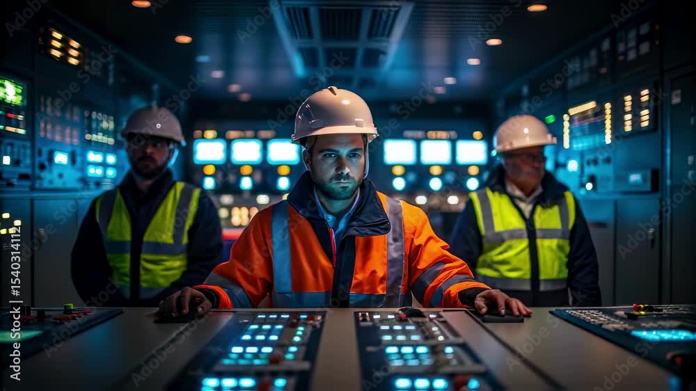 Poster industrial engineers operating control panel in monitoring room