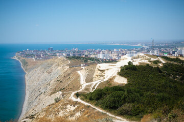 A stunning panoramic view of the seascape of the Black Sea, the Anapa Bay, the foot of the Caucasus...