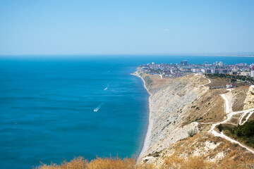 A stunning panoramic view of the seascape of the Black Sea, the Anapa Bay, the foot of the Caucasus...