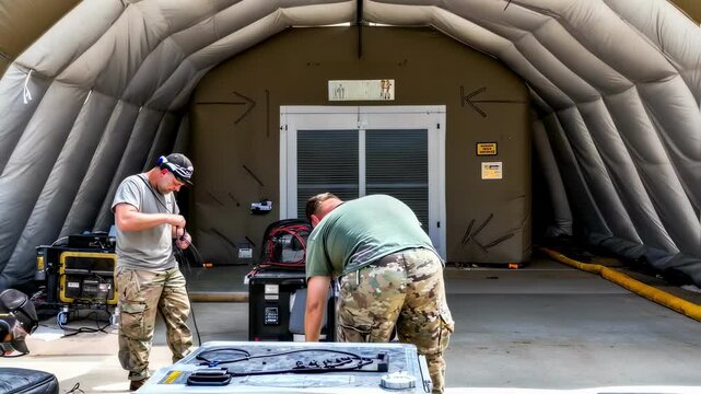 A medium closeup of the deflated command center being quickly assembled by a team illustrating the rapid deployment capability with portable fans and anchoring systems being set