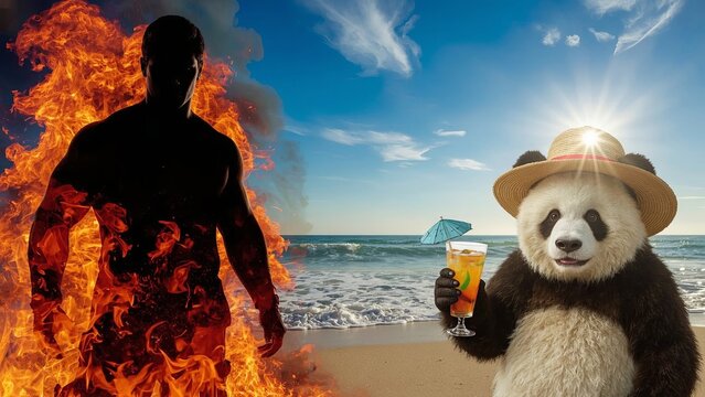 Firefighter engulfed in flames standing next to panda in hat and holding cocktail on sunset beach, concept of too much heat, surreal contrast concept