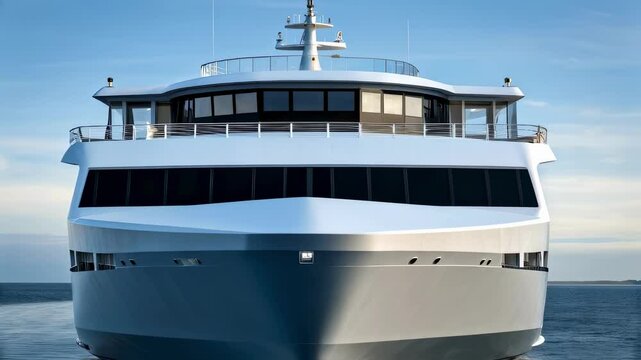 A medium closeup of the ferrys side profile capturing its sleek design and large capacity with multiple decks visible against a backdrop of open water.