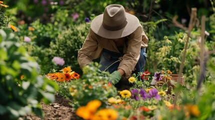 A gardener wearing gloves and a sunhat, carefully placing colorful flowers into the soil in a lush garden