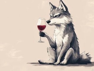 full body, a cute, angry adorable wolf is drinking wine, elegant, minimalist, children's drawing