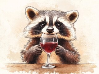 full body, a cute, arrogant adorable raccoon is drinking wine, elegant, minimalist, children's drawing 