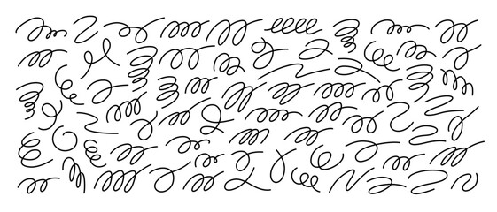Set of abstract, smooth, twisted, interwoven thin flourishes in form of circles, spirals, children's scribbles, and signatures. Vector illustration on transparent background for graphic design.