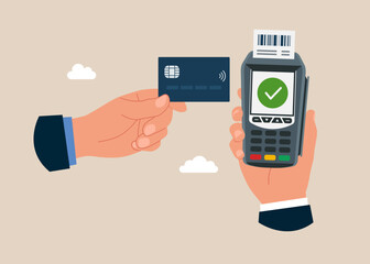 Pay credit card. Payment edc electronic data capture transaction point of sales pos. Technology for business. POS terminal confirms the payment made through mobile phone. Flat vector illustration