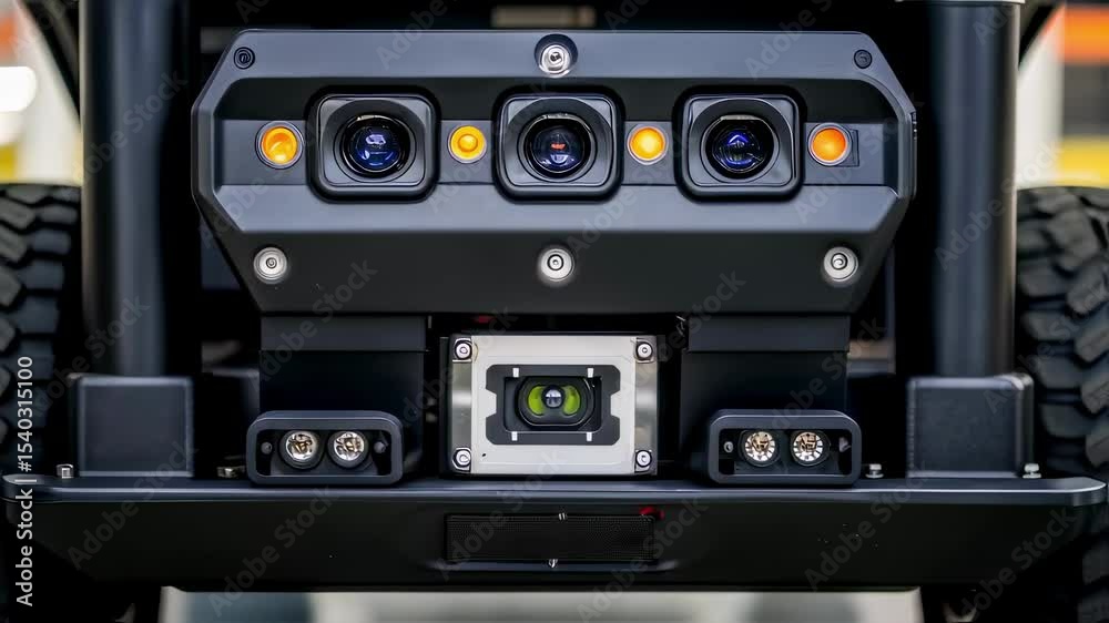 Aufkleber A medium closeup revealing the carts advanced sensor system with multiple cameras and safety features designed to detect obstacles and ensure safe navigation through complex