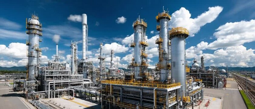 Industrial Marvel: A wide shot of a large-scale industrial plant under a bright blue sky, showcasing complex pipes, structures, and machinery, a symbol of innovation.