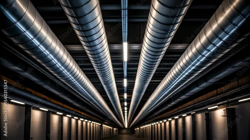 Poster a medium closeup shot of a network of ventilation ducts along an underground railway emphasizing the