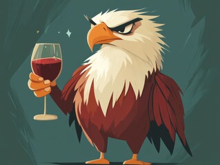 full body, a cute, angry adorable eagle is drinking wine, elegant, minimalist, children's drawing