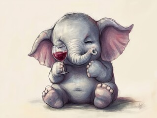 Cute angry elephant drinks wine from glass. colored pencil drawing of funny animal on white background. Creative animal concept. Isolated on backdrop, commercial. digital art, faceted, minimal	