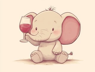 Cute angry elephant drinks wine from glass. colored pencil drawing of funny animal on white background. Creative animal concept. Isolated on backdrop, commercial. digital art, faceted, minimal	