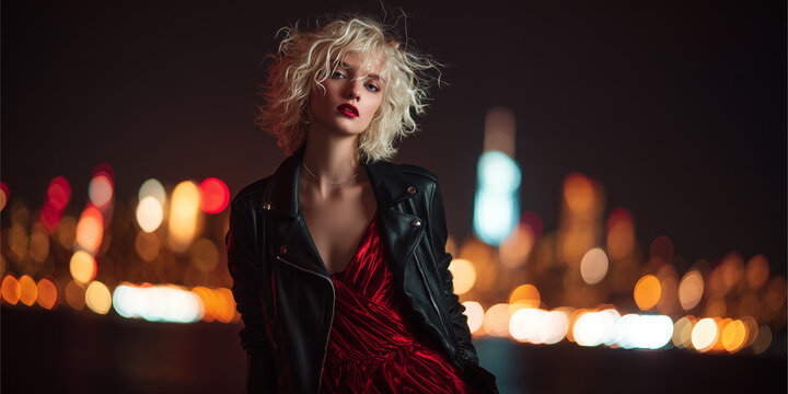 blonde bombshell in leather jacket and cocktail dress