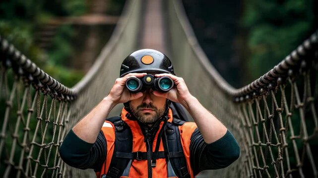 A medium closeup showing a rescue team member looking through binoculars from the emergency rope bridge with canyon vegetation framing their focused gaze and cues of urgency in