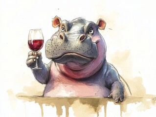 Cute angry hippo drinks wine from glass. colored pencil drawing of funny animal on white background. Creative animal concept. Isolated on backdrop, commercial. digital art, faceted, minimal	
