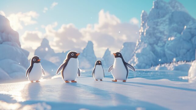 Four Adorable Penguins Stand Together In a Snowy Landscape - Powered by Adobe