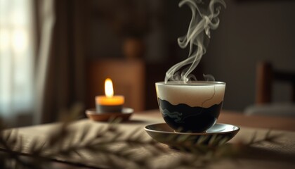 Aromatic coffee cup with steam on wooden table beside candle  