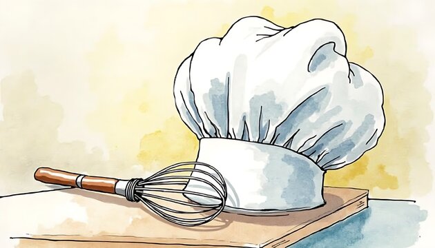 Watercolor illustration of a chef's hat and whisk on a wooden cutting board.