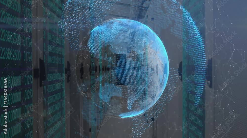 Poster materializing globe in corridor, rotating holographic earth pulsing nodes for visualizing data flow