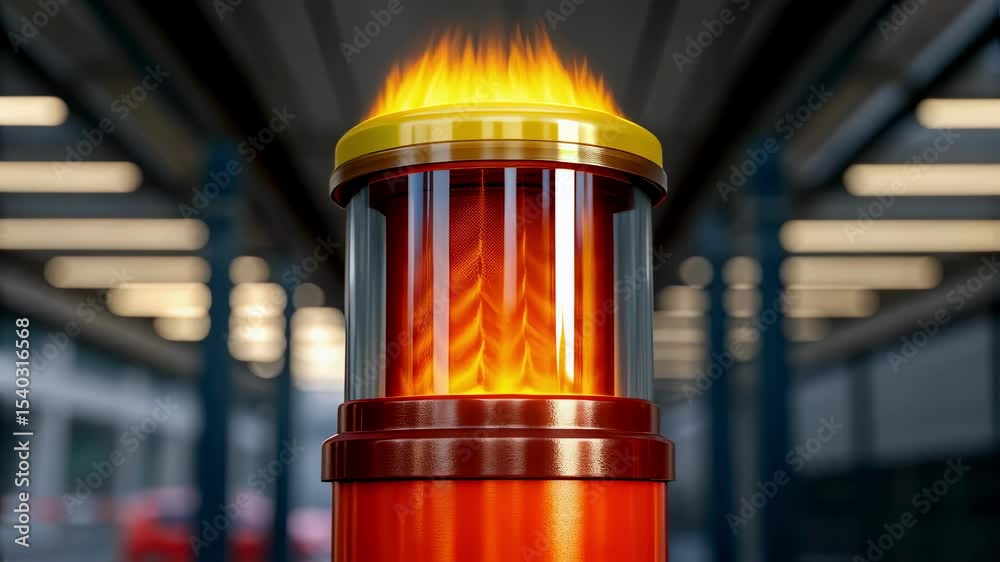 Poster An intense medium closeup of a lit emergency flare with vibrant orange and yellow flames erupting from its top casting a warm glow on surrounding objects.