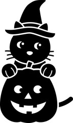 Halloween pumpkin with black cat Silhouette isolated.
Cute black cat flat cartoon vector illustration. 
Transparent background. SVG file.
