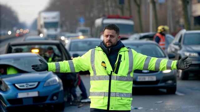 An operator in a bright fluorescent jacket odically directing traffic around tered debris from an accident scene with focused expressions on both the operator and passing drivers