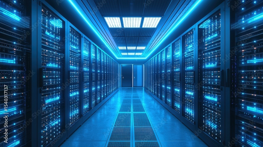 Aufkleber 3D rendering of a high-tech blue-lit server room with advanced network racks and glowing panels, ideal for cloud computing, data infrastructure, and cybersecurity illustrations