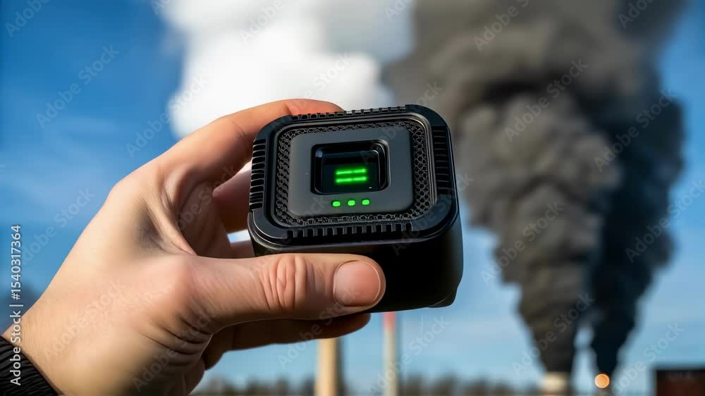 Poster Closeup of a hand gripping an airquality sensor with a focus on the intricate sensors and technology reflecting a green light indicating good air quality against a backdrop of