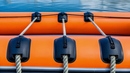 Closeup of a buoyant anchor system attached to the inflatable dock highlighting the ropes and weights that ensure stability against strong coastal currents during rescues.