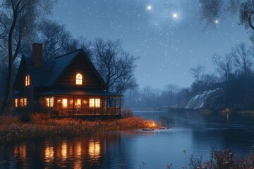 Fototapeta premium Nighttime Rustic Cabin By River With Stars