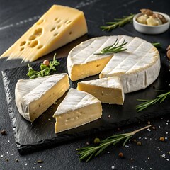 Assortment of gourmet cheeses displayed on a black slate with herbs and spices