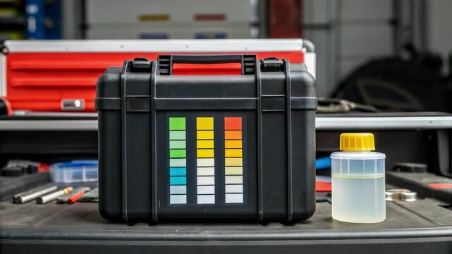 Closeup of a rugged portable chemical testing kit on the vehicles workbench with colorcoded test strips and a clear liquid sample in a vial.