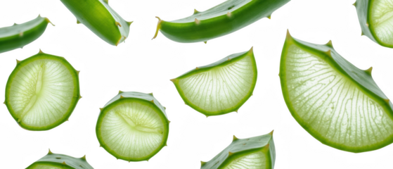 Fresh aloe vera slices with vibrant green color and unique texture, showcasing their natural beauty and health benefits