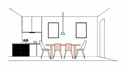 Minimalist Kitchen and Dining Room Interior Design Sketch