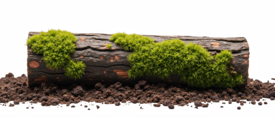 Moss covered log resting rich soil, showcasing nature beauty and tranquility. vibrant green moss contrasts with dark wood, creating serene