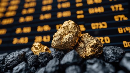Close-up of three gold nuggets resting on a pile of dark-colored rocks, with a blurred background of a stock ticker displaying numerical data