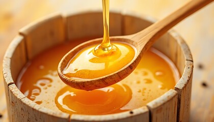 Golden honey pours from a wooden spoon into a rustic wooden bowl, showcasing its rich texture and viscous flow.