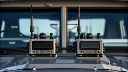 Closeup of the integrated communication devices on the floating station including antennas and satellite dishes essential for coordinating rescue operations across vast distances.